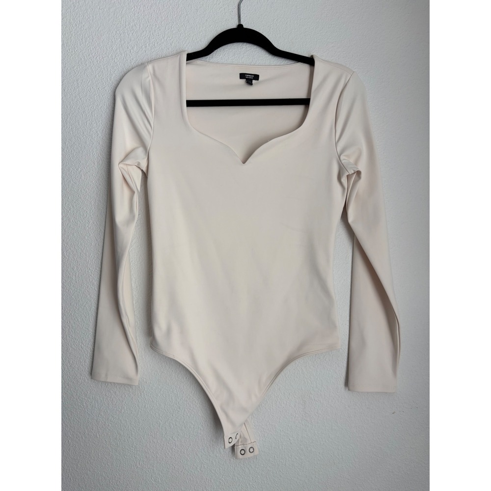 Express Body Contour Sweetheart Square Neck Long Sleeve Bodysuit Cream‎ Small